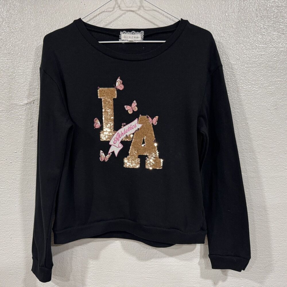 btween Sweatshirt Girls Sz 14 Black LA Athletics Sequin Butterflies Pullover Top